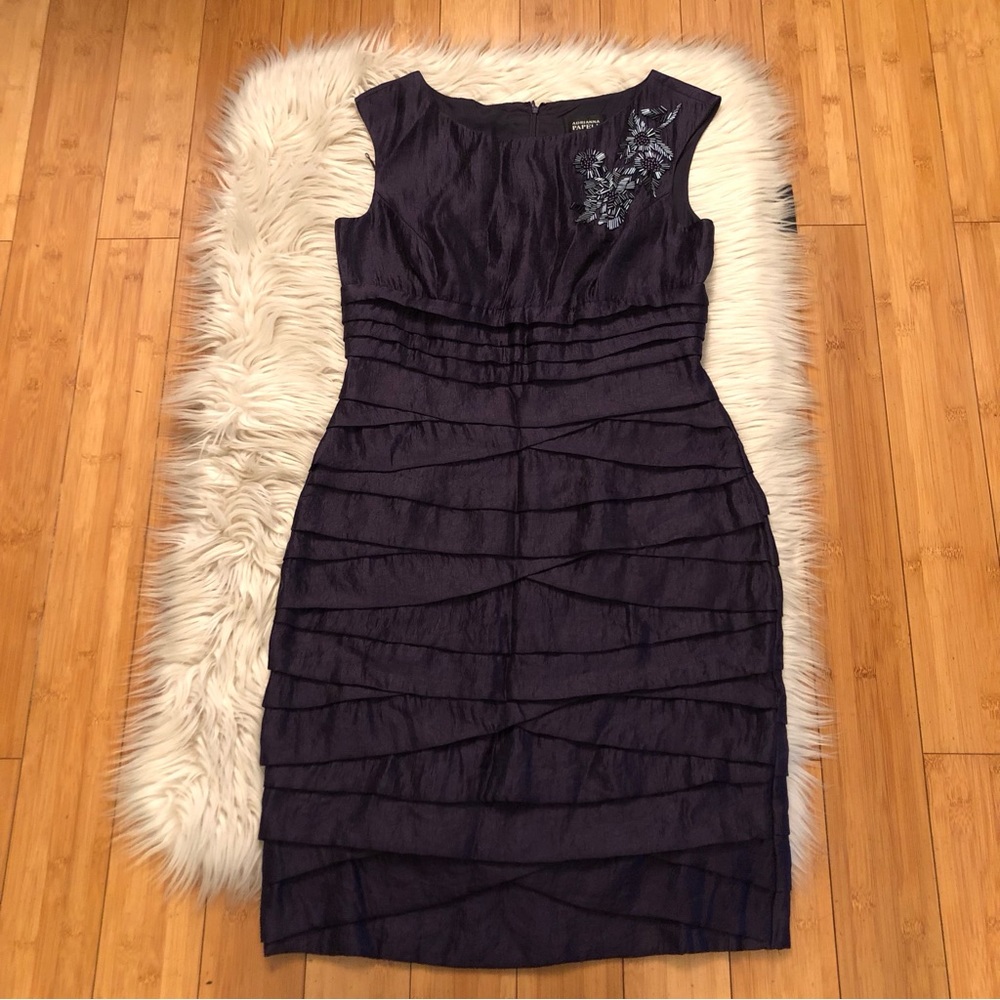 Adrianna Papell Cascade Beaded Pleated Tiered Women Cocktail Dress Purple size 8